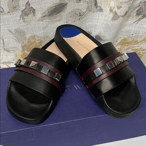 Stuart Weitzman Black and Burgundy Studded Sandals